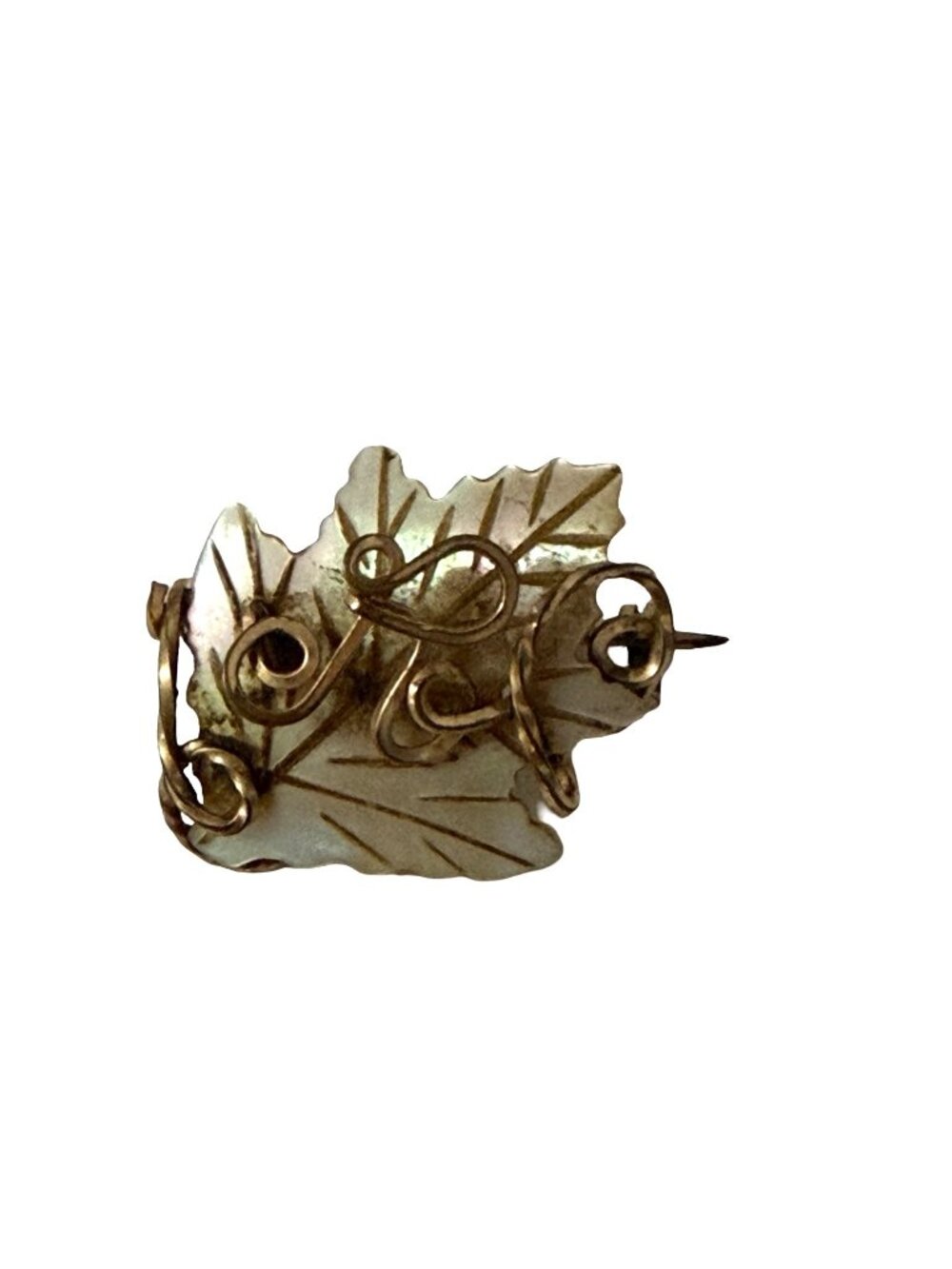 Vintage Mother of Pearl Leaf Brooch Gold Tone Wire Wrapped Pin